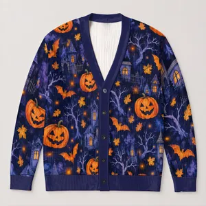 Halloween Pumpkins and Bats for Festive Autumn Evenings Women's Seasonal Style Look All-over Print Knitted Cardigan