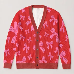 Pink Bow Motif for Valentine’s Day Parties and Romantic Everyday Layering Style for Women All-over Print Knitted Cardigan