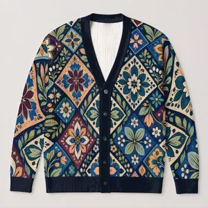 Bohemian Patchwork Florals for Autumn Layering, Rich Color and Vintage Everyday Style All-over Print Knitted Cardigan