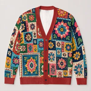 Colorful Bohemian Floral Squares For Fall Layering And Relaxed Everyday Style Wear All-over Print Knitted Cardigan