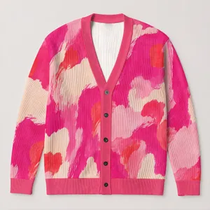 Pink Cream Abstract Cloud Style for Cozy Fall Layering, Youthful Women's Wardrobe All-over Print Knitted Cardigan