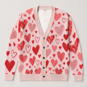 Red and Pink Heart Motifs for Valentine Dates and Sweet Everyday Fashion for Women All-over Print Knitted Cardigan