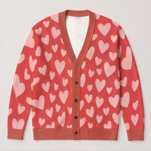 Pink Heart Motif for Romantic Layering, Valentine Celebrations, and Women’s Casual Style All-over Print Knitted Cardigan