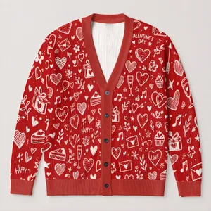 Red Heart Doodles and Love Letter Motifs for Valentine’s Day Date Nights and Gifting All-over Print Knitted Cardigan