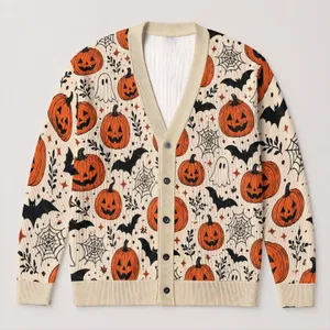 Jack-O'-Lantern Bats and Spiderwebs for Cozy Halloween Layering, Autumn Gift Idea All-over Print Knitted Cardigan