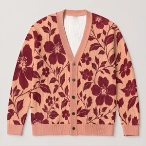 Burgundy Botanical Blooms for Autumn Office Style and Everyday Women's Layering Wear All-over Print Knitted Cardigan