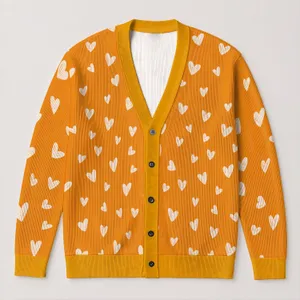White Heart Motif Orange Autumn Layering Style for Valentine's Day and Everyday Wear All-over Print Knitted Cardigan