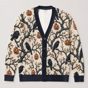 Ravens and Jack-O'-Lantern Branches for Moody Autumn Halloween Layering for Women All-over Print Knitted Cardigan