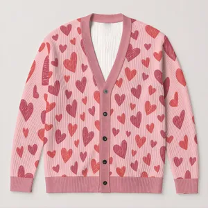 Blush Heart Motif For Romantic Valentine's Day Layering, Women's Cozy Autumn Winter Style All-over Print Knitted Cardigan