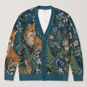 Woodland Rabbits Foxes And Wildflowers For Cozy Autumn Layering Women Nature Lover Gift All-over Print Knitted Cardigan