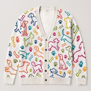 Colorful Dog Paw Bone Motifs for Playful Pet Lovers and Cozy Autumn Weekend Layering All-over Print Knitted Cardigan