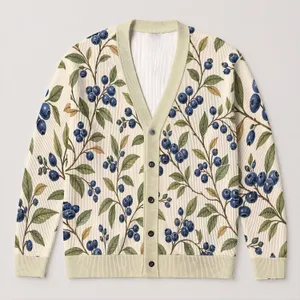 Blueberry Branch Motif for Autumn Office and Weekend Layering, Women’s Everyday Style All-over Print Knitted Cardigan