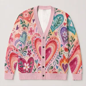 Watercolor Heart Motifs for Romantic Casual Layering and Playful Women's Spring Style All-over Print Knitted Cardigan