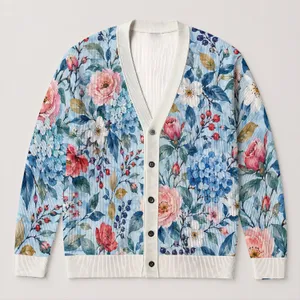 Watercolor Botanical Flowers and Blue Leaves for Everyday Layering and Resort Style All-over Print Knitted Cardigan