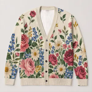 Vintage Rose Daisy Meadow for Casual Autumn Layering and Everyday Women’s Wardrobe Style All-over Print Knitted Cardigan