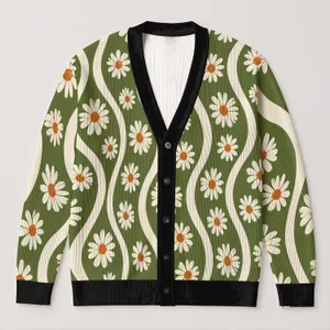 Olive Daisy Wavy Stripe Style for Relaxed Autumn Layering and Everyday Women’s Wear All-over Print Knitted Cardigan
