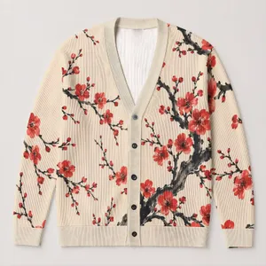 Crimson Plum Blossom Branches for Autumn Layering and Everyday East Asian Inspired Style All-over Print Knitted Cardigan
