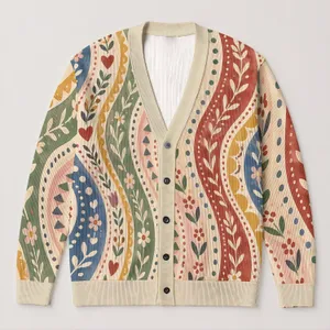Pastel Heart Wavy Stripe Motif For Casual Autumn Layering And Youthful Everyday Style All-over Print Knitted Cardigan