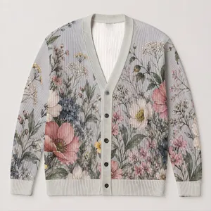 Watercolor Wildflower Bouquet Motifs For Relaxed Everyday Layering And Garden Style All-over Print Knitted Cardigan