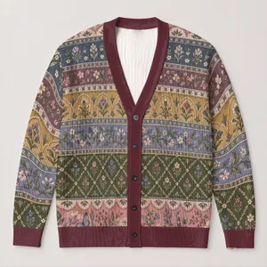Floral Band Color Blocks for Relaxed Weekend Layering and Everyday Bohemian Style All-over Print Knitted Cardigan