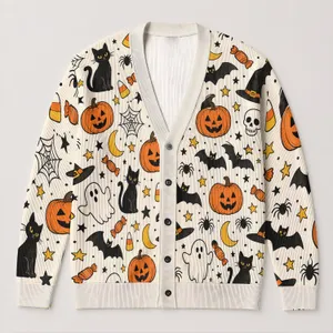 Halloween Bats Pumpkins and Witch Hats for Cozy Autumn Layering and Festive Nights All-over Print Knitted Cardigan