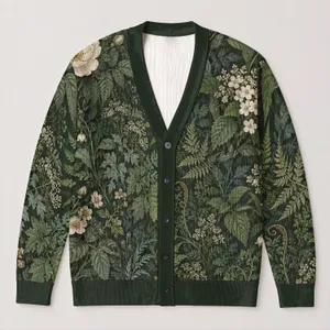 Dark Green Woodland Ferns and Wildflowers for Relaxed Everyday Layering Wardrobe for Nature Lovers All-over Print Knitted Cardigan
