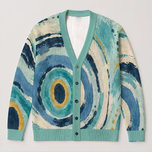 Teal Concentric Orbital Motif for Spring Outings, Travel Days, and Relaxed Home Wear All-over Print Knitted Cardigan