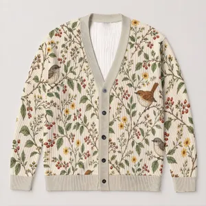 Botanical Songbird Meadow Motifs for Everyday Layering and Cottagecore Weekend Style All-over Print Knitted Cardigan