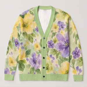 Lavender Yellow Green Abstract Blooms For Casual Spring Weekend Layering For Women All-over Print Knitted Cardigan