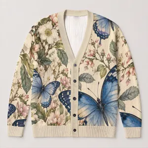 Blue Butterfly and Wildflower Motifs for Relaxed Spring Layering and Garden Day Outings All-over Print Knitted Cardigan