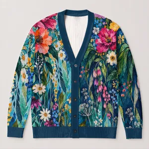 Turquoise Wildflower Bouquet for Spring Layering, Garden Days, and Everyday Style All-over Print Knitted Cardigan