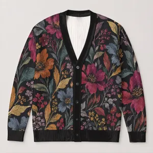 Abstract Botanical Blooms in Jewel Tones for Artistic Everyday Layering and Gifting All-over Print Knitted Cardigan