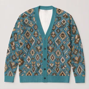 Teal Geometric Folk Motifs for Relaxed Everyday Layering and Weekend Style All-over Print Knitted Cardigan