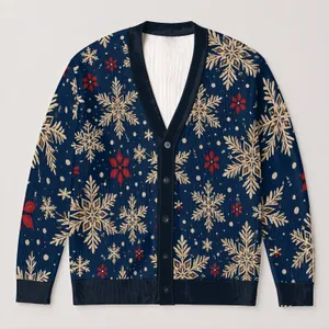 Navy Snowflake Motifs with Red Accents for Cozy Holiday Layering, Winter Gifts for Women All-over Print Knitted Cardigan