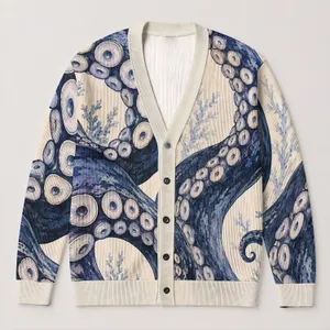 Navy Octopus Tentacles on Ivory Coastal Style for Relaxed Everyday Wear and Ocean Lovers All-over Print Knitted Cardigan