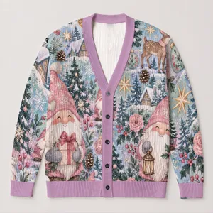 Rosy Gnome Christmas Scenes for Cozy Winter Layering and Festive Everyday Style Wear All-over Print Knitted Cardigan