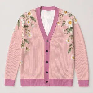 Pink Daisy Floral Blossoms for Romantic Everyday Layering in Women's Autumn Style All-over Print Knitted Cardigan