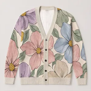 Abstract Floral Petals in Pastel Tones for Relaxed Weekend Layering and Garden Days All-over Print Knitted Cardigan