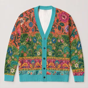 Colorful Floral Folk Motifs for Everyday Layering, Youthful Bohemian Style for Women All-over Print Knitted Cardigan