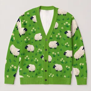 Sheep Meadow Motif for Cozy Countryside Layering and Everyday Farmhouse Style Wear All-over Print Knitted Cardigan