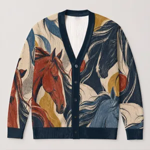 Abstract Horse Motif For Relaxed Weekend Layering, Equestrian Style For Everyday Wear All-over Print Knitted Cardigan