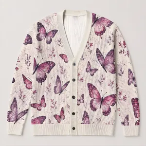 Purple Butterfly Motifs for Autumn Outings and Relaxed Everyday Layering for Women All-over Print Knitted Cardigan