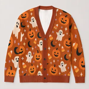 Halloween Pumpkin Ghost Moon Motifs For Cozy Autumn Layering And Seasonal Parties Women All-over Print Knitted Cardigan