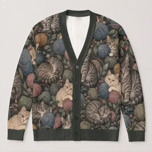 Cozy Cat And Thread Ball Motif For Relaxed Weekend Layering, Cat Lover Gift Idea All-over Print Knitted Cardigan