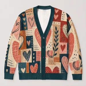 Heart Patchwork Motif for Cozy Autumn Layering, Romantic Everyday Style for Women All-over Print Knitted Cardigan