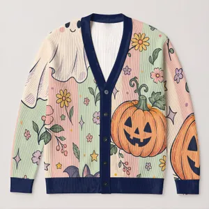 Pastel Halloween Ghost Pumpkin Stars for Casual Autumn Outings and Everyday Wear for Women All-over Print Knitted Cardigan