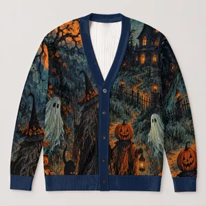 Halloween Witch Pumpkin Haunted House Autumn Night Style For Women, Cozy Layering All-over Print Knitted Cardigan