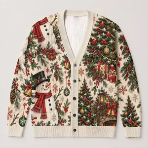 Christmas Snowman, Evergreen Tree and Fireplace Scene for Cozy Women's Holiday Style All-over Print Knitted Cardigan