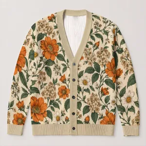 Orange Wildflower Botanical Motif for Casual Spring Layering and Everyday Boho Style All-over Print Knitted Cardigan