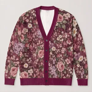 Vintage Raspberry Floral Blooms for Everyday Layering, Garden Brunch, and Cottage Style All-over Print Knitted Cardigan